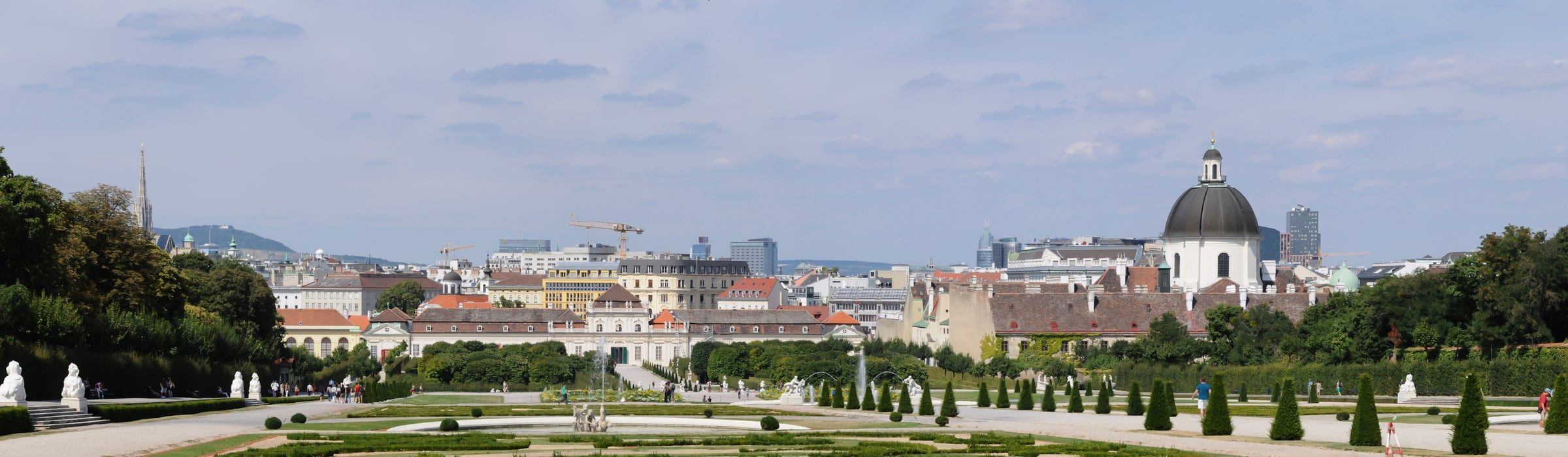 View north over Vienna from the Upper Belvedere, across the Baroque gardens to the city's rooftops, domes and church spires.